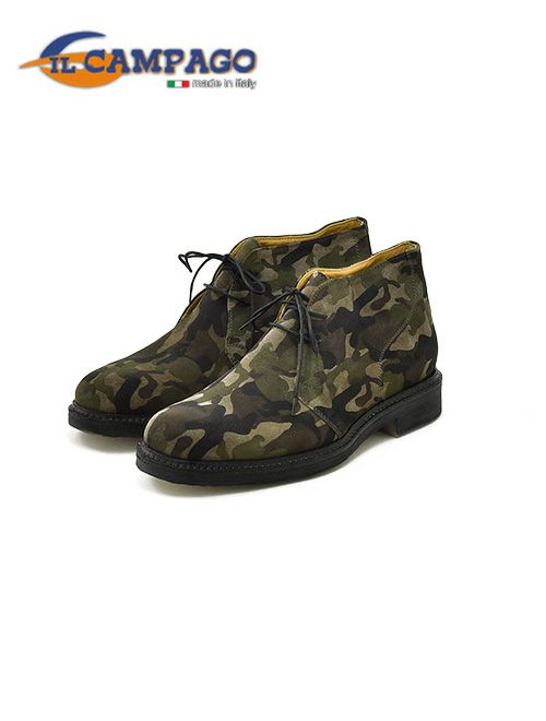 イルカンパゴ/ILCAMPAGO/MILITAREカモフラ迷彩/ワークさと白く透明なクレープソールとの意外性コンビ。起毛レザーチャッカーブーツ、グッドイヤー、メンズ15AW新作）n