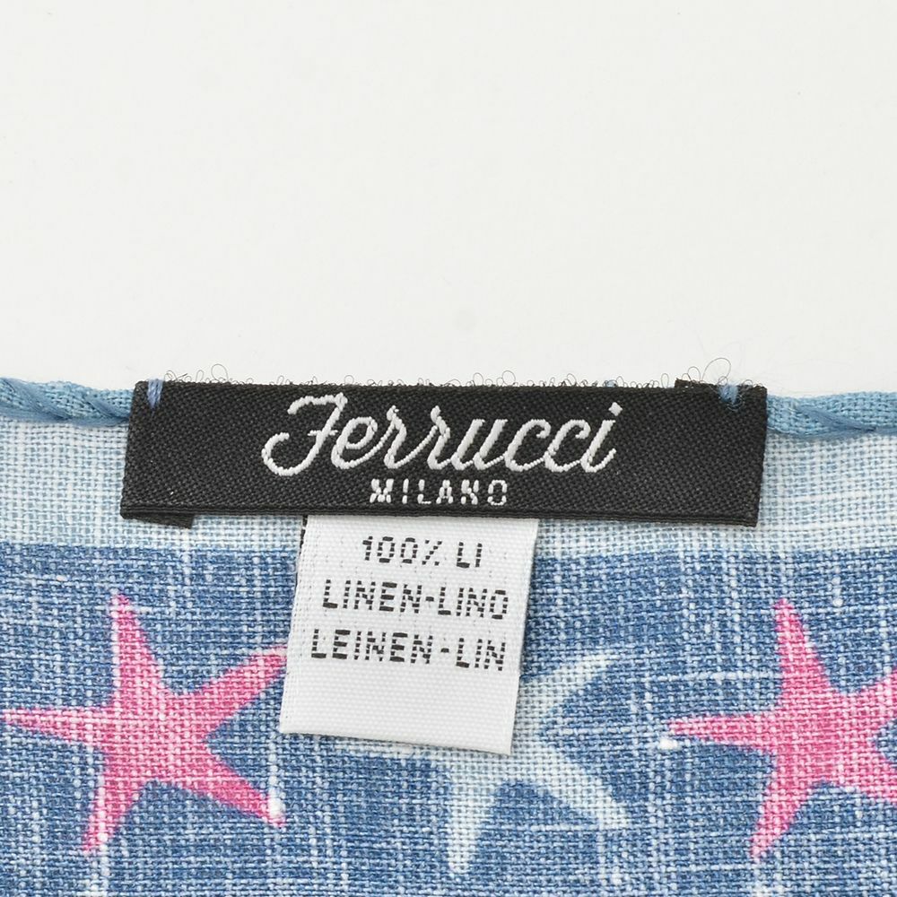 フェルッチミラノFERRUCCI/22-STELLEブルー系ヒトデとも見てとれるスターデザインリネンチーフポケットチーフ)n