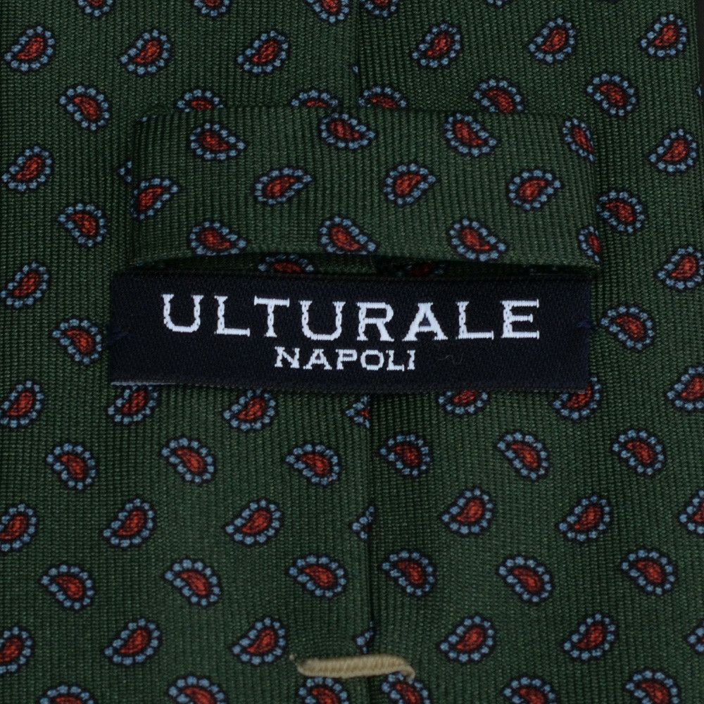 ウルトゥラーレULTURALEグリーンペイズリーライクな柄を均等に配置したトレピエゲ3つ折りネクタイシルククロス共生地プレゼントに