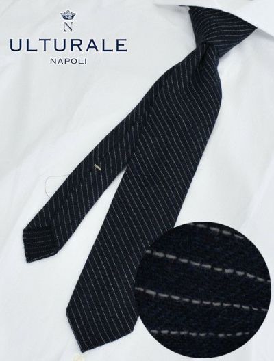 ウルトゥラーレULTURALEネイビーホワイトレジメンタル柄トレピエゲ3つ折りネクタイカシミア100％一枚地仕立てプレゼント