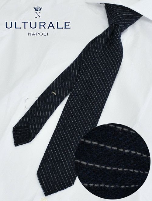 ウルトゥラーレULTURALEネイビーホワイトレジメンタル柄トレピエゲ3つ折りネクタイカシミア100％一枚地仕立てプレゼント