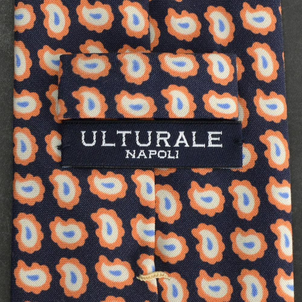 ウルトゥラーレULTURALEネイビーにオレンジ色ペイズリー大柄で密集している柄シルク100％ネクタイ18春夏スーツメンズアクセサリー