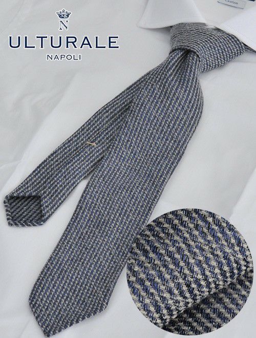 ウルトゥラーレULTURALE杢ブルー＆グレーストライプ系の織り柄トレピエゲ3つ折りネクタイウールとシルク混紡イタリア製メンズアクセサリー