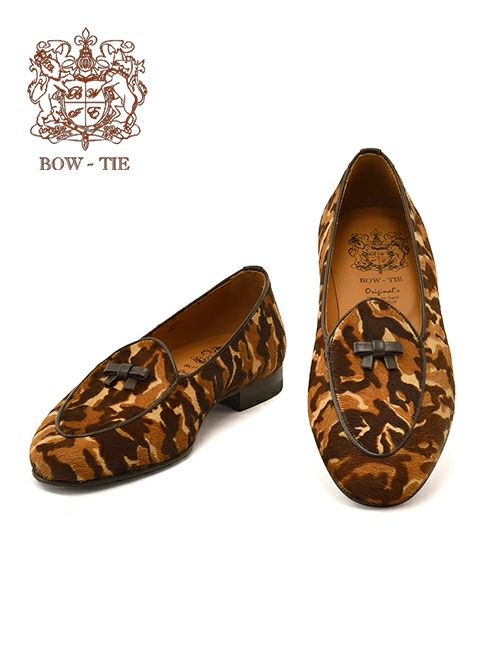 ボウタイBOW-TIE[CamoCamel/DarkBrown]ダークブラウンの細トリミング。稀少さを表す迷彩パターン・ハラコスリッポン）n