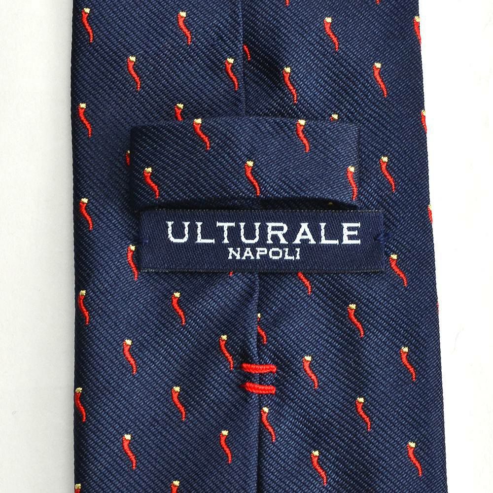 ウルトゥラーレULTURALEメンズネクタイシルク100％7ピエゲ7つ折りネイビーコルノ刺繍チャーム付きイタリア製アクセサリー剣先幅7cm