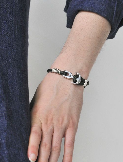 Bijoyビジョイブレスレットユニセックスロープバングル紐タイプ錨フックカーキポリエステルニッケル・リードフリー真鍮ハンドメイドフランス製