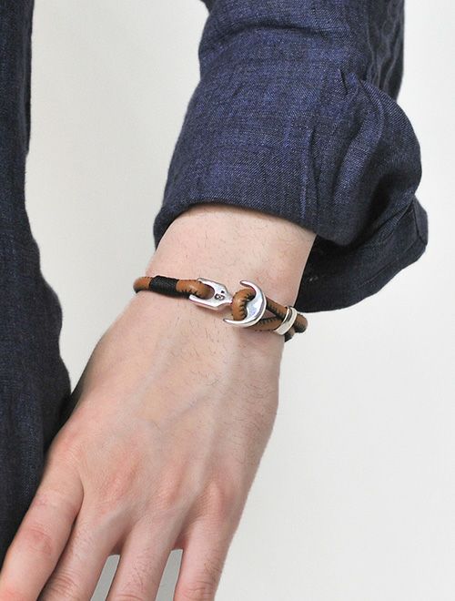Bijoyビジョイブレスレットユニセックスレザーバングル牛革錨フックキャメル×ブラックポリエステルニッケル・リードフリー真鍮ハンドメイドフランス製