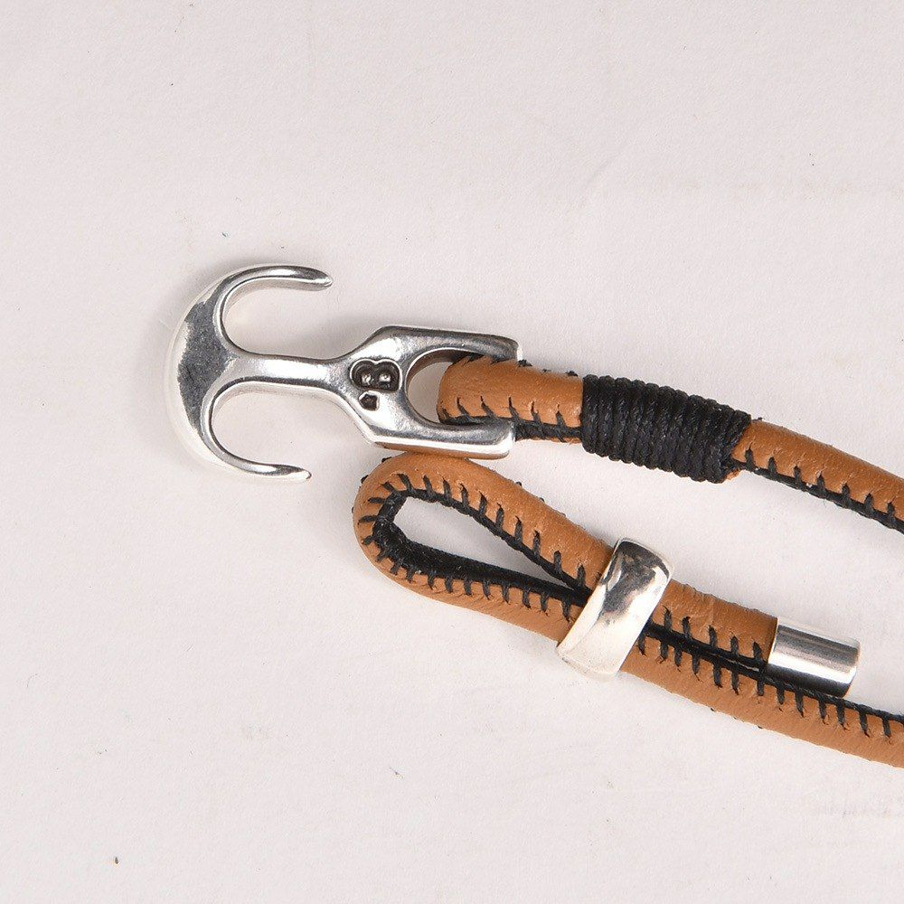 Bijoyビジョイブレスレットユニセックスレザーバングル牛革錨フックキャメル×ブラックポリエステルニッケル・リードフリー真鍮ハンドメイドフランス製