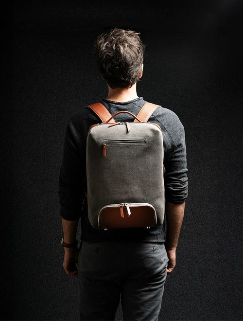 ルンディlundiバックパックメンズ旅行用リュックANTOINEアントワーヌコーティングキャンバスレザーコンビグレー&コニャックスクエア型フォルム1泊用フランス国内正規品でらでら公式ブランド