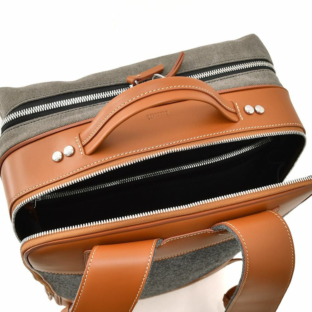 ルンディlundiバックパックメンズ旅行用リュックANTOINEアントワーヌコーティングキャンバスレザーコンビグレー&コニャックスクエア型フォルム1泊用フランス国内正規品でらでら公式ブランド