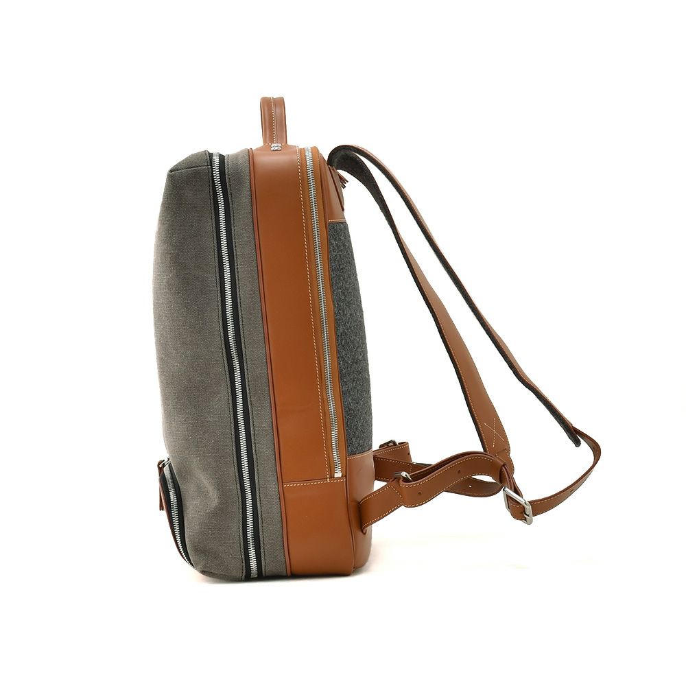 ルンディlundiバックパックメンズ旅行用リュックANTOINEアントワーヌコーティングキャンバスレザーコンビグレー&コニャックスクエア型フォルム1泊用フランス国内正規品でらでら公式ブランド