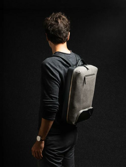 ルンディlundiバックパックメンズ旅行用リュックANTOINEアントワーヌコーティングキャンバスレザーコンビグレー&ブラックスクエア型フォルム1泊用フランス国内正規品でらでら公式ブランド