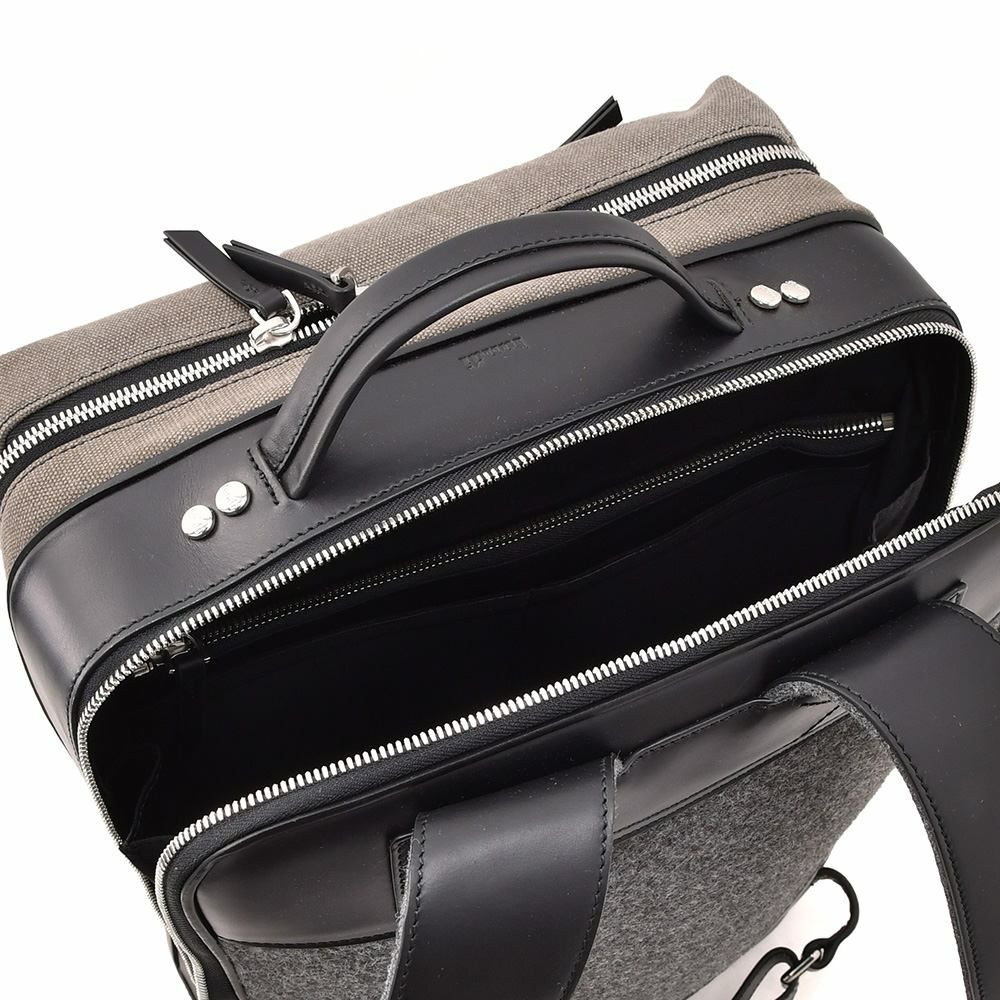 ルンディlundiバックパックメンズ旅行用リュックANTOINEアントワーヌコーティングキャンバスレザーコンビグレー&ブラックスクエア型フォルム1泊用フランス国内正規品でらでら公式ブランド