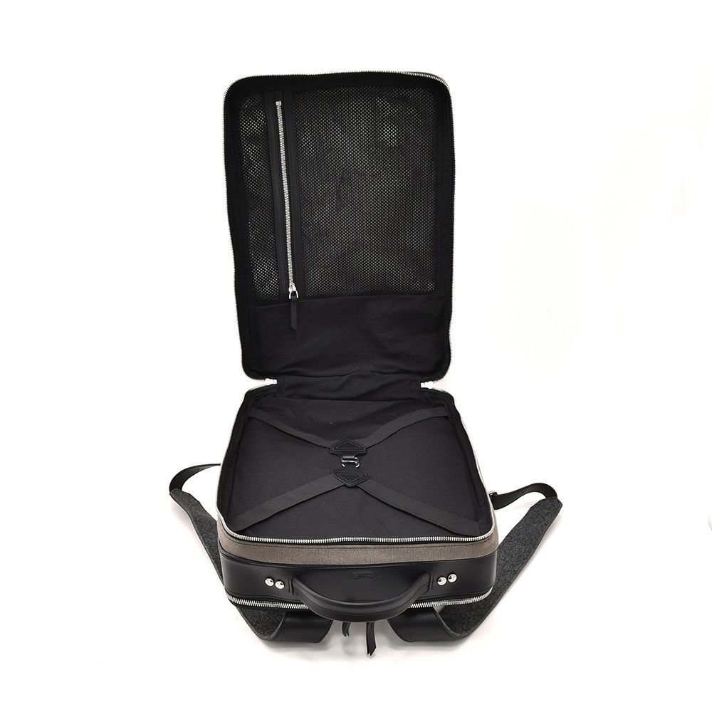 ルンディlundiバックパックメンズ旅行用リュックANTOINEアントワーヌコーティングキャンバスレザーコンビグレー&ブラックスクエア型フォルム1泊用フランス国内正規品でらでら公式ブランド