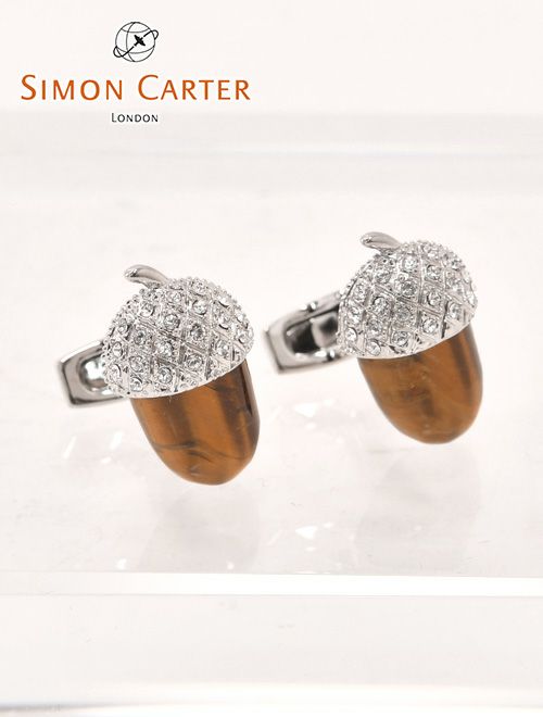 サイモンカーターSIMONCARTER/ブラウンタイガーアイ＆スワロフスキーAcornTigerseyeCufflinksエイコーンどんぐり秋の景色を閉じ込めたカフリンクスメンズブランドギフトアクセサリー)n