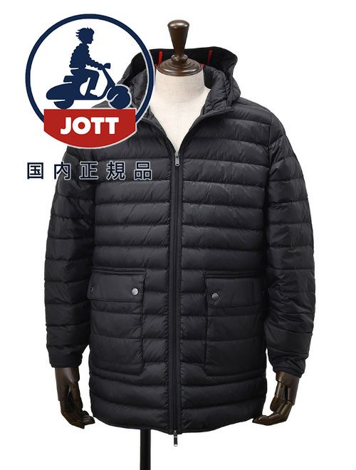 ジョットJOTTロング丈ダウンジャケットメンズLUCモデル撥水ナイロンフーディーアウターブラックパッカブル仕様ブランドワッペンライトダウン収納ポーチ付き超軽量国内正規品でらでら公式ブランド
