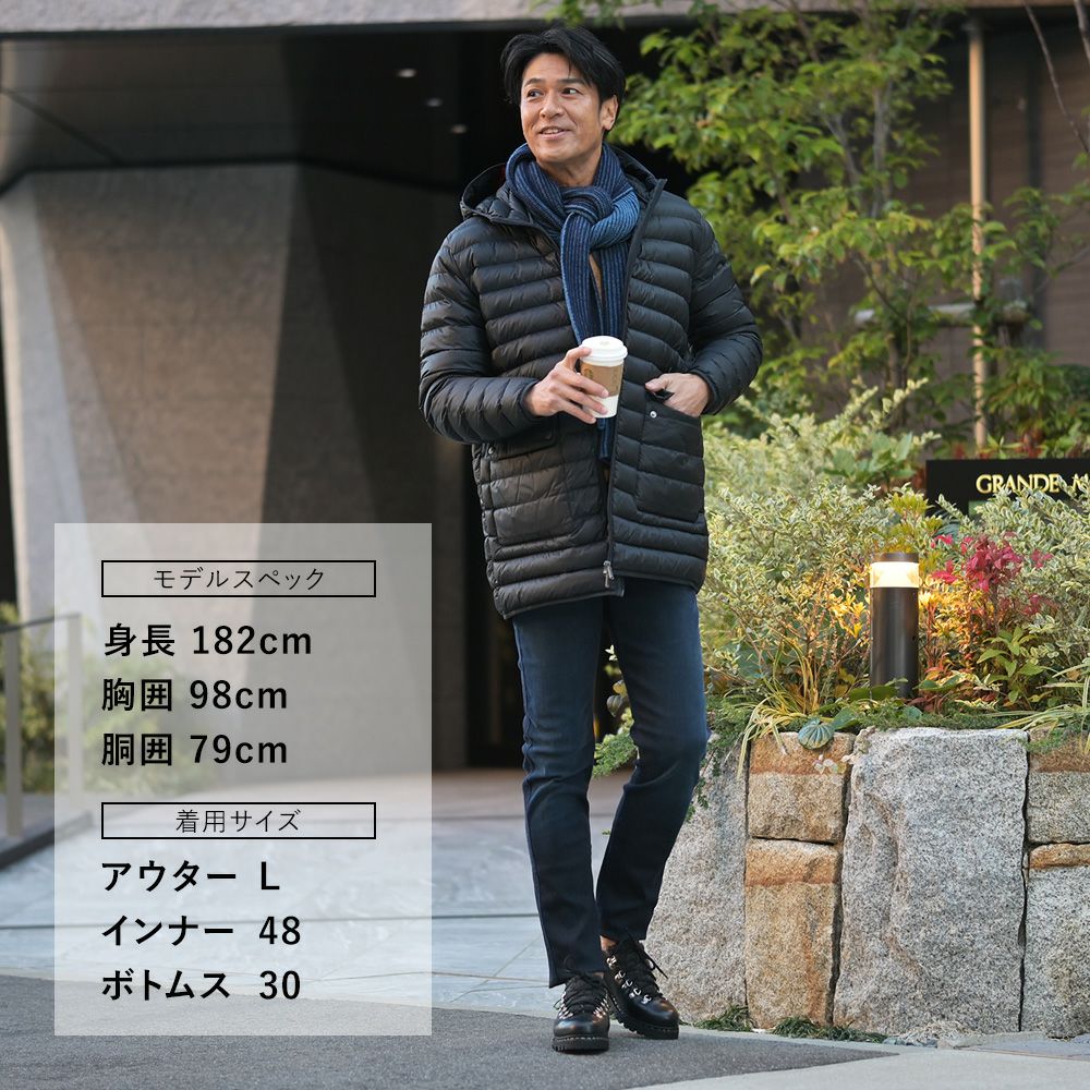 ジョットJOTTロング丈ダウンジャケットメンズLUCモデル撥水ナイロンフーディーアウターブラックパッカブル仕様ブランドワッペンライトダウン収納ポーチ付き超軽量国内正規品でらでら公式ブランド