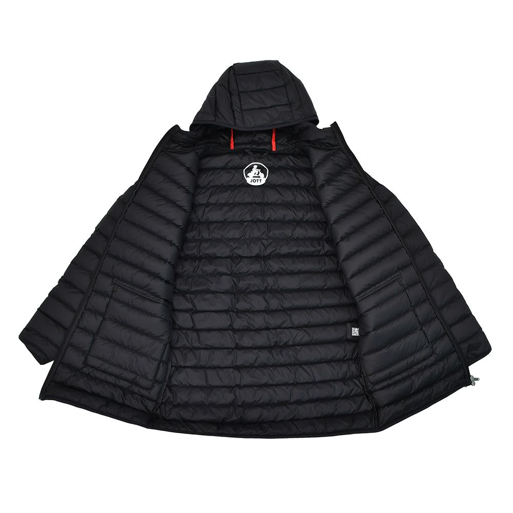 ジョットJOTTロング丈ダウンジャケットメンズLUCモデル撥水ナイロンフーディーアウターブラックパッカブル仕様ブランドワッペンライトダウン収納ポーチ付き超軽量国内正規品でらでら公式ブランド