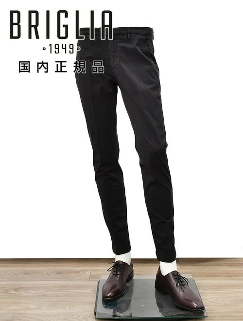 ブリリアBRIGLIA1949コットンパンツメンズチノスラックスストレッチツイル織りノープリーツブラック黒テーパードフィットガーメントダイ3点留めフロント国内正規品でらでら公式ブランド