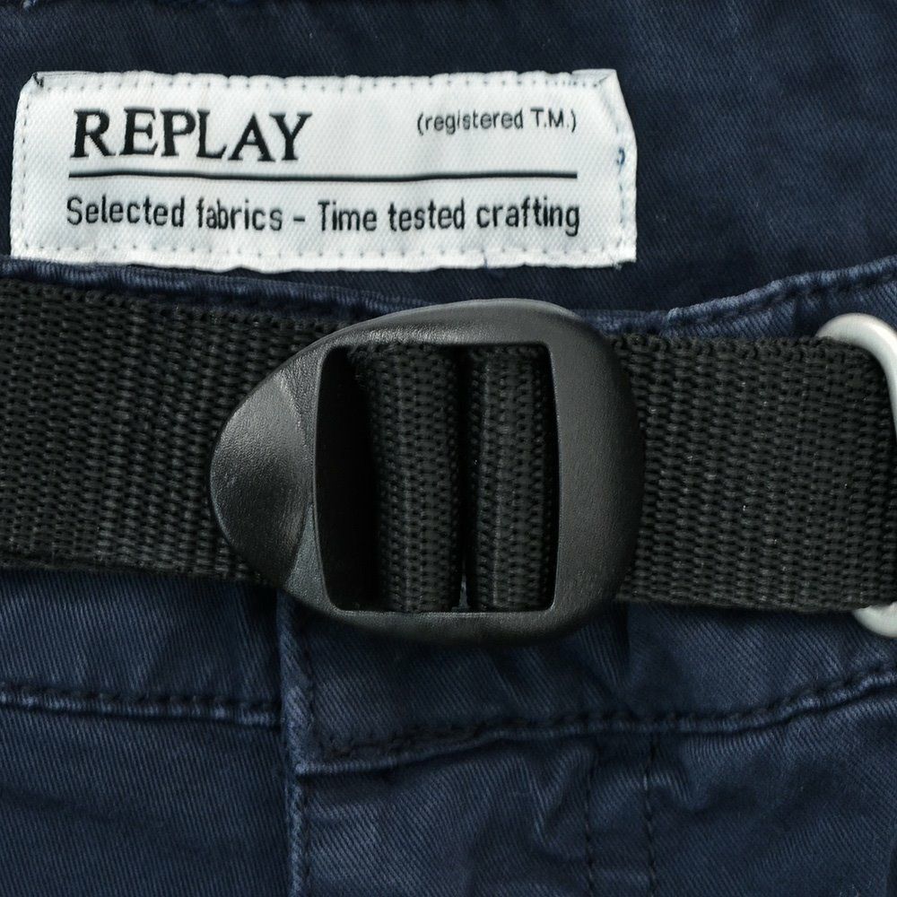 【preSALE!50%off】リプレイREPLAYコットンパンツメンズストレッチツイル生地ウエスト調節可能バックルダークブルーガーメントダイカーペンターパンツレギュラーシルエットカーゴ型ポケット国内正規品でらでら公式ブランド