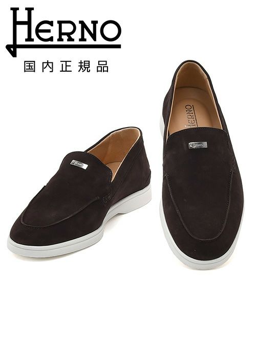 【preSALE!20%off】ヘルノHERNOモカシンスニーカーメンズスリッポンSH005UMカーフスエードダークブラウンモノグラムデザインゴムソールシルバープレート国内正規品でらでら公式ブランド