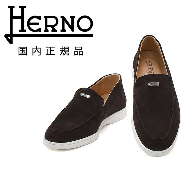 【preSALE!20%off】ヘルノHERNOモカシンスニーカーメンズスリッポンSH005UMカーフスエードダークブラウンモノグラムデザインゴムソールシルバープレート国内正規品でらでら公式ブランド