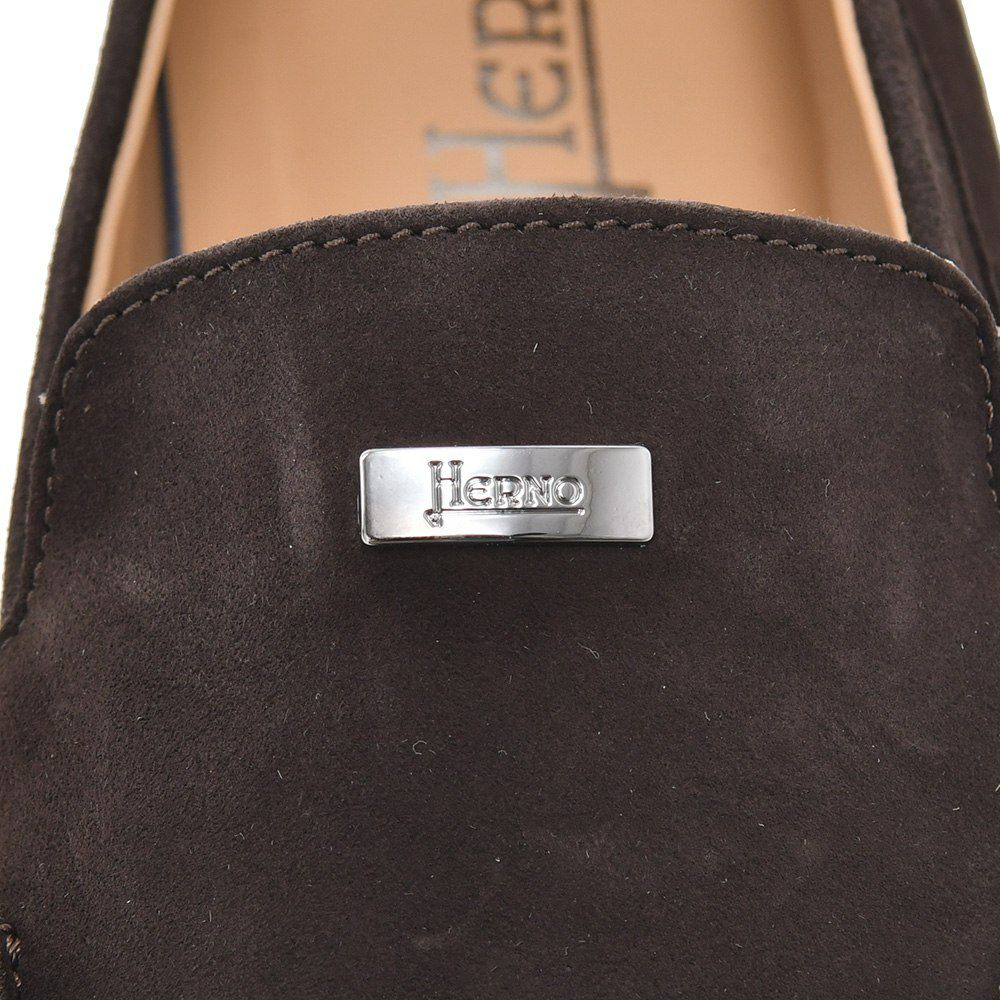 【preSALE!20%off】ヘルノHERNOモカシンスニーカーメンズスリッポンSH005UMカーフスエードダークブラウンモノグラムデザインゴムソールシルバープレート国内正規品でらでら公式ブランド