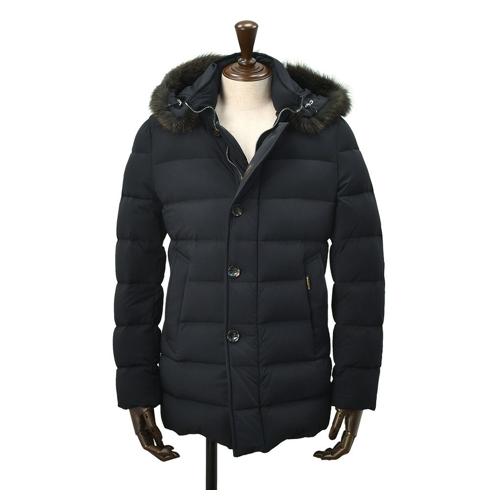 ムーレーMooRER国内正規品メンズ軽量ダウンジャケットMORESCO-KNモレスコストレッチマットナイロンネイビーラクーンファー付きフード着脱式ACQUAライン撥水軽量でらでら公式ブランド