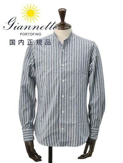 ジャンネット GIANNETTO 長袖カジュアルシャツ メンズ  シャンブレー生地 ストライプ柄 バンドカラー ブルー×ホワイト スリムフィット 製品洗い 国内正規品 でらでら公式 ブランド