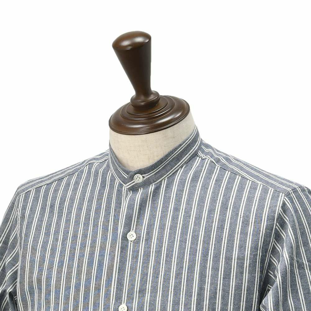 【preSALE!20%off】ジャンネットGIANNETTO長袖カジュアルシャツメンズシャンブレー生地ストライプ柄バンドカラーブルー×ホワイトスリムフィット製品洗い国内正規品でらでら公式ブランド