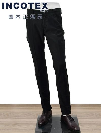 インコテックス INCOTEX SLACKS コットンパンツ メンズ 100番 ツイル織り ブラック 黒 ノープリーツ スリムフィット 刺繍ブランドロゴ ストレッチ 国内正規品 でらでら 公式ブランド
