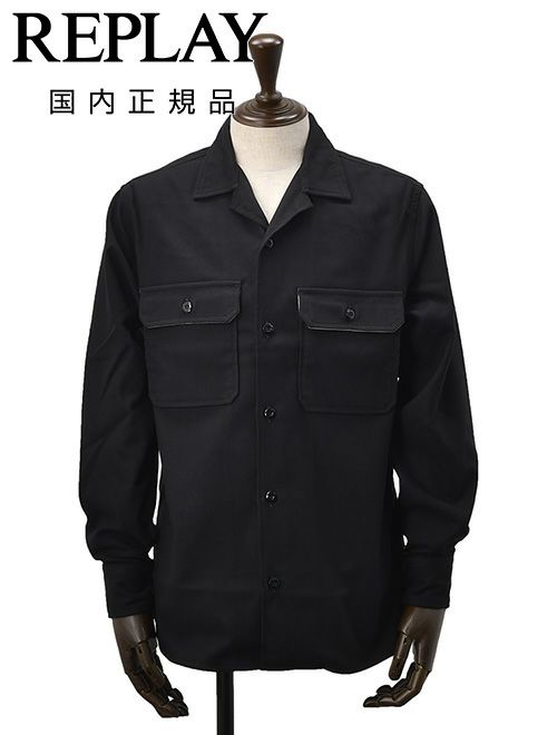 【preSALE!20%off】リプレイREPLAYCPOシャツジャケットメンズコットンブレンドシャツサルトリアーレブラック両胸フラップ付きポケットフレンチフロントボックスシルエット国内正規品でらでら公式ブランド