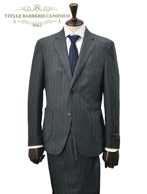 ヴィターレ バルベリス カノニコ VITALE BARBERIS CANONICO シングルスーツ メンズ 2つ釦フロント ウールフランネル Flannel チャコールグレー チョークストライプ柄 ノッチドラペル Superlativo スペルラティボ 日本製