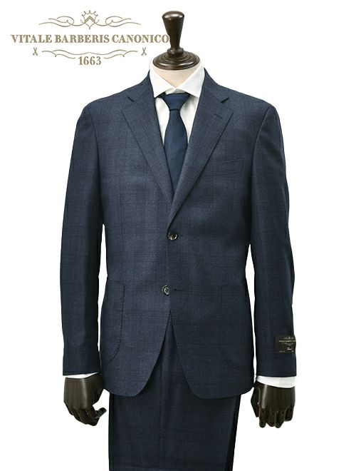 ヴィターレ バルベリス カノニコ VITALE BARBERIS CANONICO シングルスーツ メンズ 2つ釦フロント ウールフランネル Flannel ネイビー 紺 グレンチェック柄 ノッチドラペル Superlativo スペルラティボ 日本製