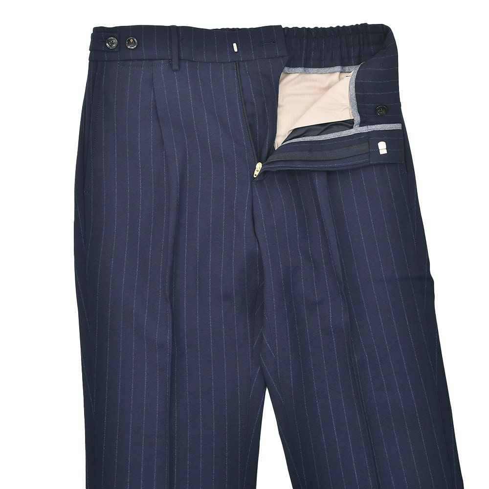 【preSALE!20%off】ベルウィッチBERWICHスラックスメンズBERTOベルトハイツイストウールネイビー×ブルー1プリーツシャーリング仕様チョークストライプ柄テーパードパンツ釦アジャスター調節国内正規品でらでら公式ブランド