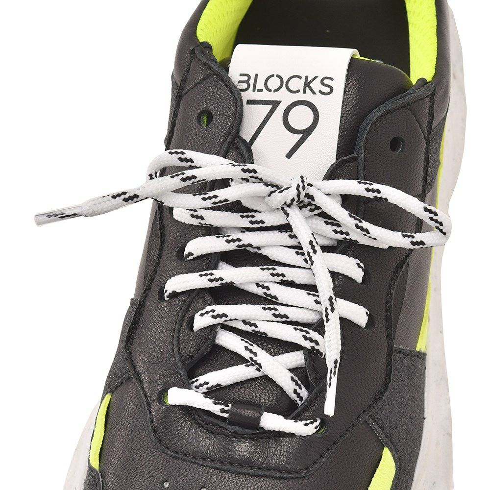 ブロックス79BLOCKS79スニーカーメンズレースアップシューズCOBIモデルナンバリングデザインブラック×蛍光イエローラメパーツスムースレザーEｘtralightソールサスティナブル国内正規品でらでら公式ブランド