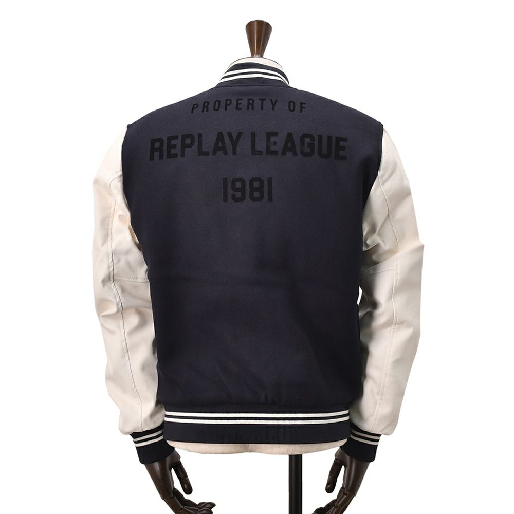 【preSALE!20%off】リプレイREPLAYスタジャンメンズ中綿バーシティージャケットメルトンウール混紡生地異素材切替えデザインネイビー紺レタリングロゴレギュラーフィット国内正規品でらでら公式ブランド