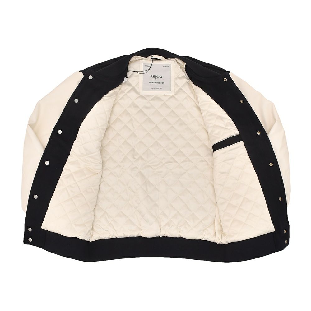 【preSALE!20%off】リプレイREPLAYスタジャンメンズ中綿バーシティージャケットメルトンウール混紡生地異素材切替えデザインネイビー紺レタリングロゴレギュラーフィット国内正規品でらでら公式ブランド