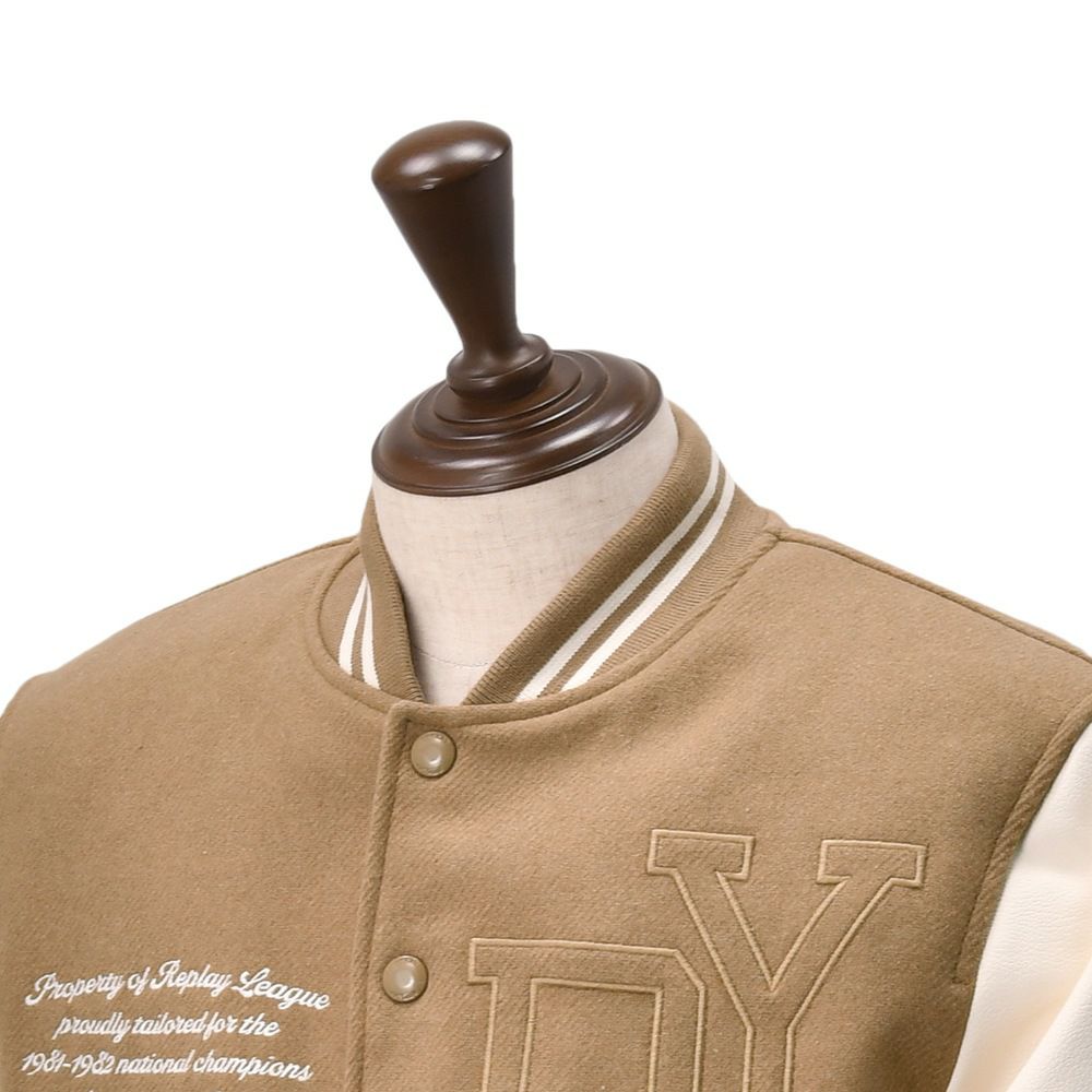 【preSALE!20%off】リプレイREPLAYスタジャンメンズ中綿バーシティージャケットメルトンウール混紡生地異素材切替えデザインブラウンレタリングロゴレギュラーフィット国内正規品でらでら公式ブランド