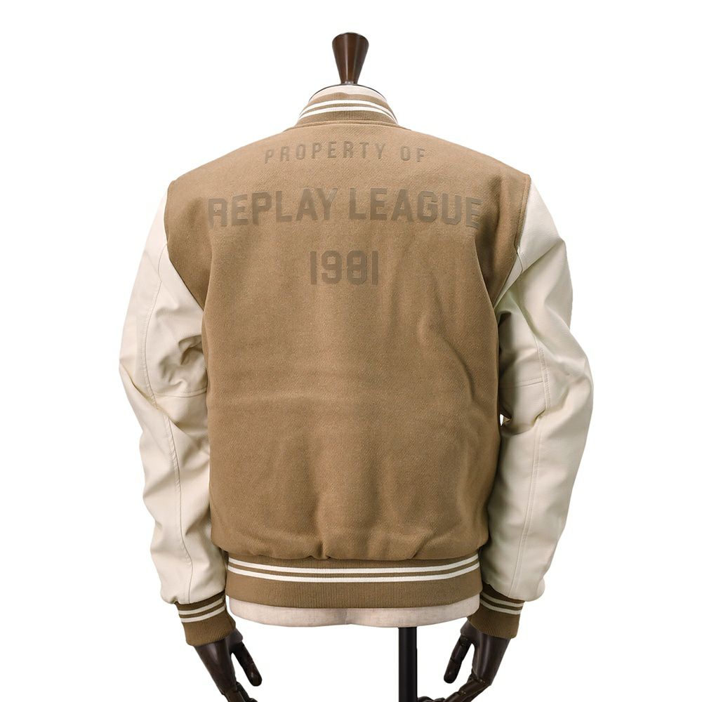 【preSALE!20%off】リプレイREPLAYスタジャンメンズ中綿バーシティージャケットメルトンウール混紡生地異素材切替えデザインブラウンレタリングロゴレギュラーフィット国内正規品でらでら公式ブランド