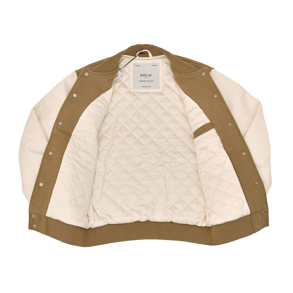 【preSALE!20%off】リプレイREPLAYスタジャンメンズ中綿バーシティージャケットメルトンウール混紡生地異素材切替えデザインブラウンレタリングロゴレギュラーフィット国内正規品でらでら公式ブランド