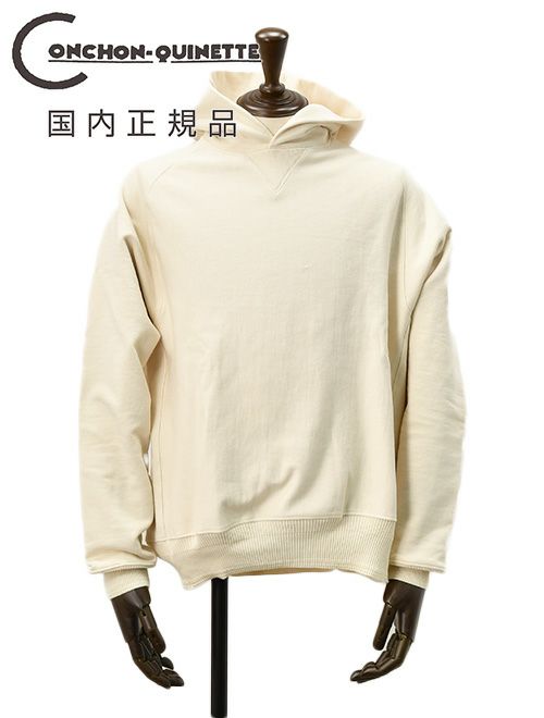 コンションキネットCONCHONQUINETTEプルオーバーパーカーメンズフーディーTHEFATHOODIEオフホワイトエクリュオーガニックコットンフレンチテリーアイコンパッチ国内正規品でらでら公式ブランド