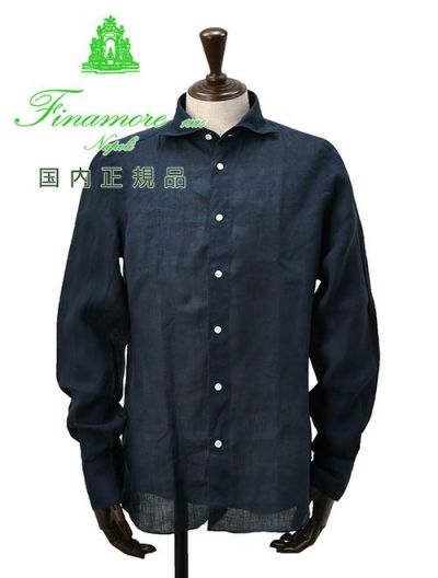 フィナモレ Finamore 長袖カジュアルシャツ メンズ SIMONE シモーネ リネン生地 ネイビーブルー ブランドロゴ入り貝釦 製品洗い TONDO型 BALI 国内正規品 でらでら 公式ブランド