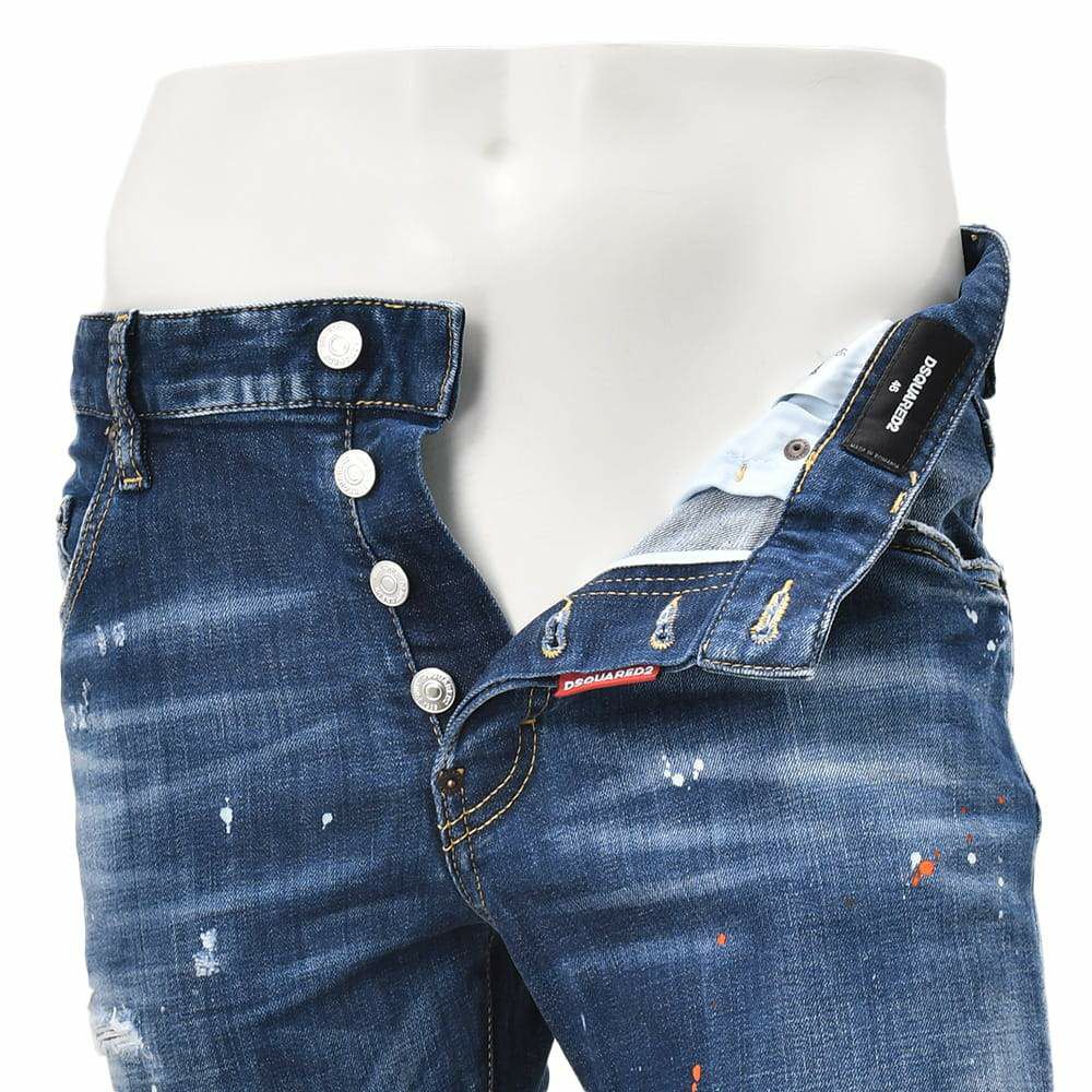 【preSALE!20%off】ディースクエアードDSQUARED2スリムテーパードデニムメンズSKATERJEANスケータージーンインディゴブルー微ダメージペイント加工レザーバックパッチ国内正規品でらでら公式ブランド