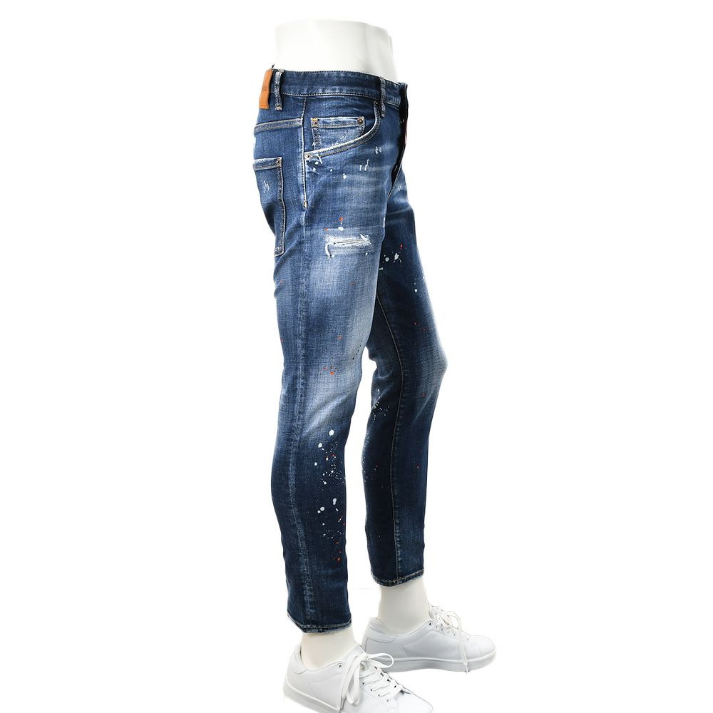 【preSALE!20%off】ディースクエアードDSQUARED2スリムテーパードデニムメンズSKATERJEANスケータージーンインディゴブルー微ダメージペイント加工レザーバックパッチ国内正規品でらでら公式ブランド