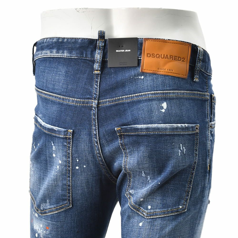 【preSALE!20%off】ディースクエアードDSQUARED2スリムテーパードデニムメンズSKATERJEANスケータージーンインディゴブルー微ダメージペイント加工レザーバックパッチ国内正規品でらでら公式ブランド