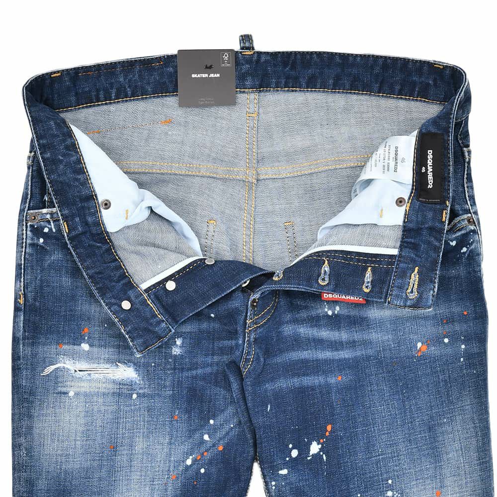 【preSALE!20%off】ディースクエアードDSQUARED2スリムテーパードデニムメンズSKATERJEANスケータージーンインディゴブルー微ダメージペイント加工レザーバックパッチ国内正規品でらでら公式ブランド