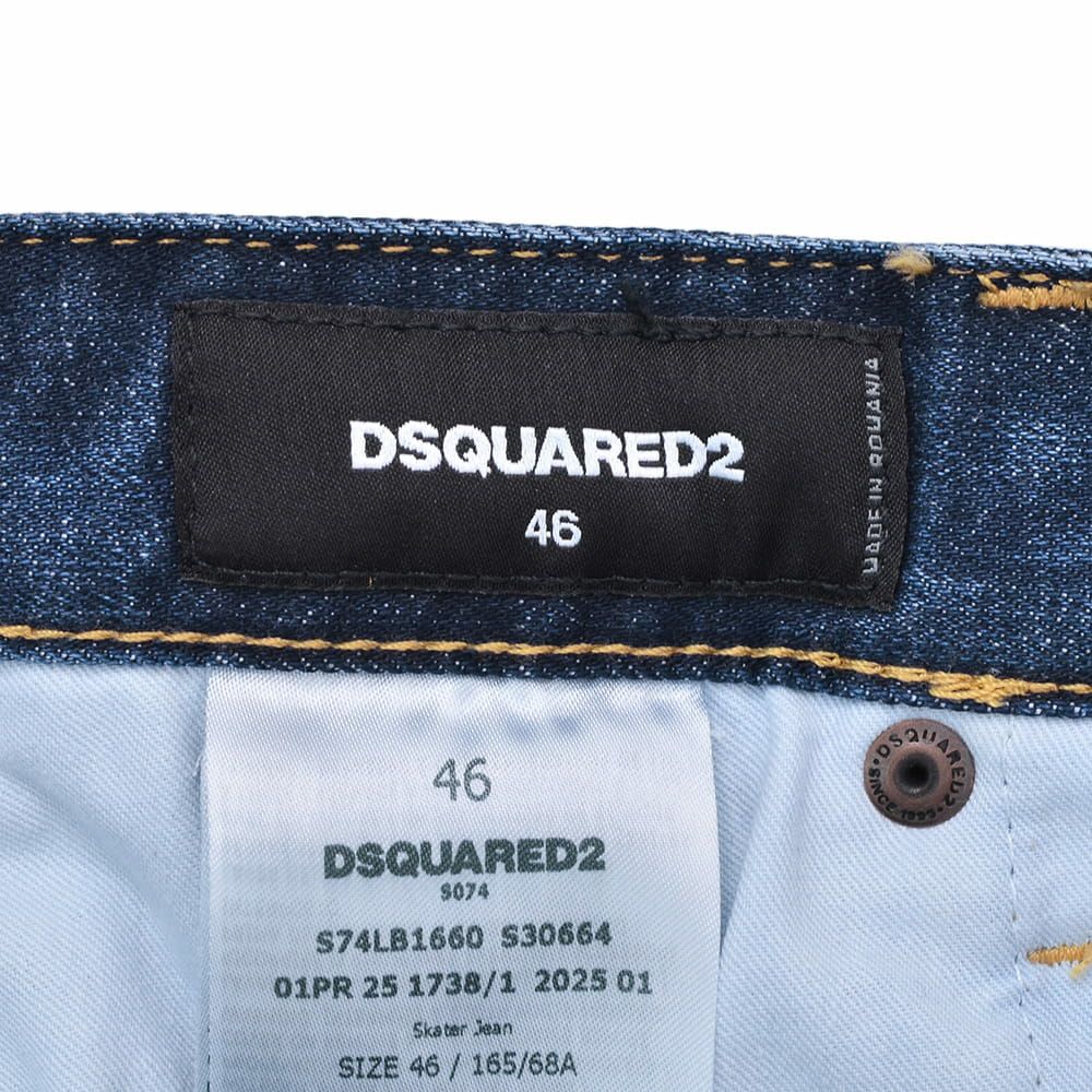 【preSALE!20%off】ディースクエアードDSQUARED2スリムテーパードデニムメンズSKATERJEANスケータージーンインディゴブルー微ダメージペイント加工レザーバックパッチ国内正規品でらでら公式ブランド
