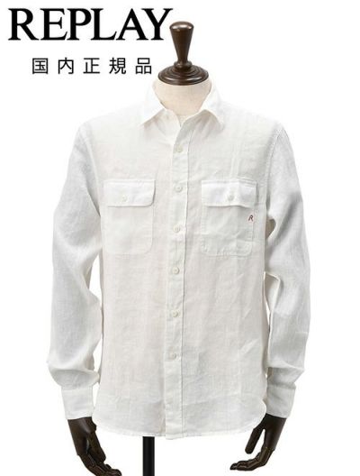 【preSALE!20%off】リプレイREPLAY長袖カジュアルシャツメンズリネン生地CPO型ガーメントダイホワイト白フラップ付き胸ポケットブランドタグレギュラーフィット国内正規品でらでら公式ブランド