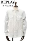 【preSALE!20%off】リプレイREPLAY長袖カジュアルシャツメンズリネン生地CPO型ガーメントダイホワイト白フラップ付き胸ポケットブランドタグレギュラーフィット国内正規品でらでら公式ブランド